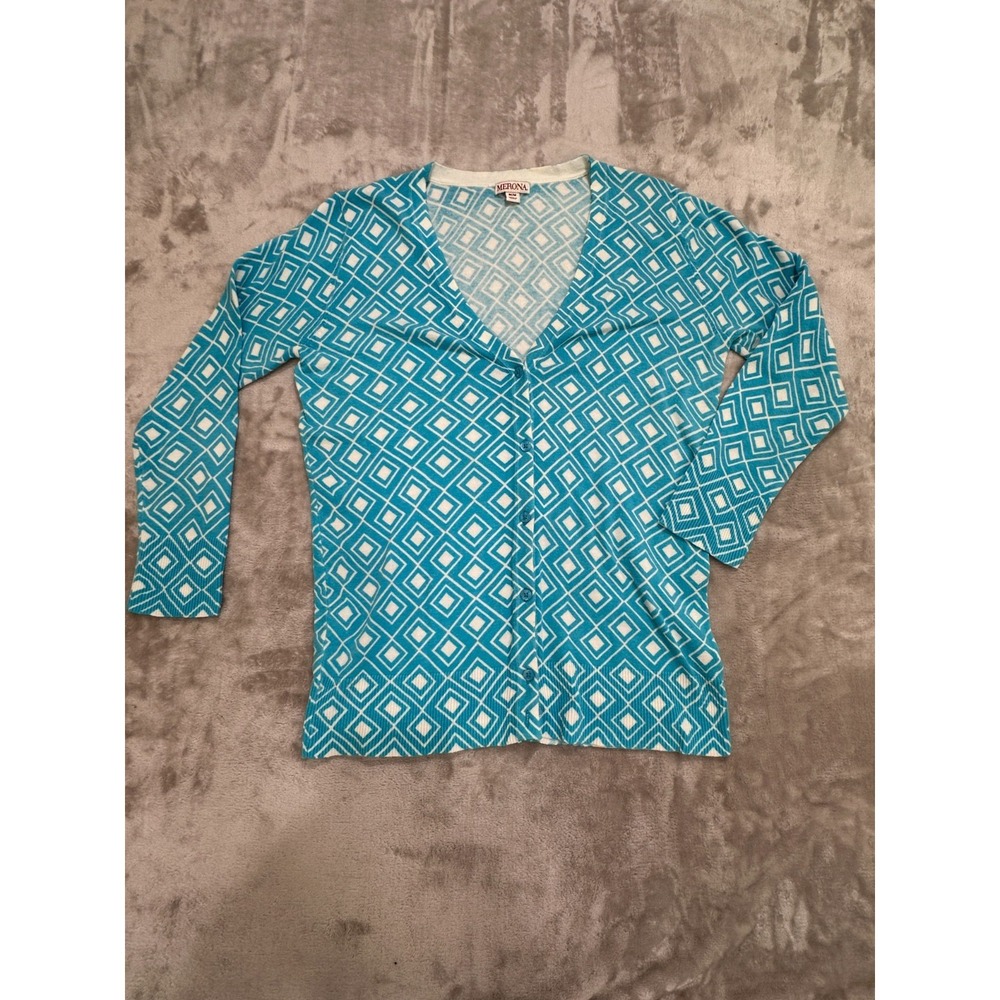 Merona‎ Teal Blue White Geometric Diamond Cardigan Sweater Knit Size Medium EUC